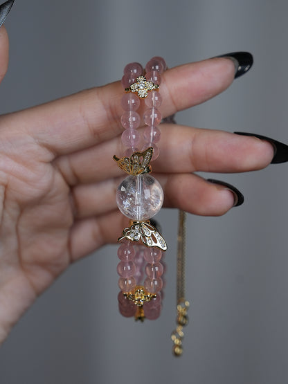 Double-wrap Bracelet｜"Sandalwood Pink Butterfly" Rose Quartz & White Aura Quartz for Love & Purify