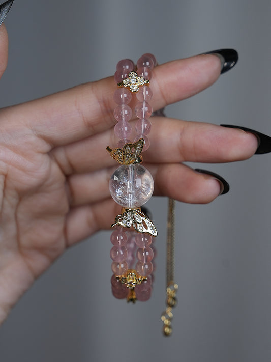 Double-wrap Bracelet｜"Sandalwood Pink Butterfly" Rose Quartz & White Aura Quartz for Love & Purify