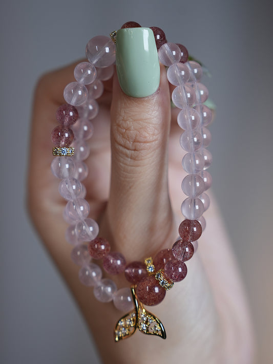 Double-wrap Bracelet|"Mermaid Peach Blossom" Star Rose Quartz & Strawberry Quartz for Love & Charm