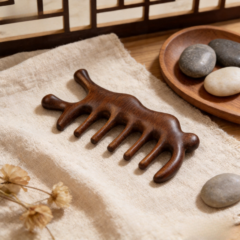 Massage Comb | 5-Tooth Golden Sandalwood - Multi-Functional Meridian Massage Comb