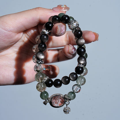 Double-wrap Bracelet｜"Gift of the Stars" Green Phantom & Silver Obsidian for Career & Protection