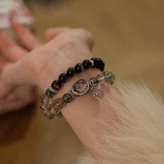 Double-wrap Bracelet｜"Gift of the Stars" Green Phantom & Silver Obsidian for Career & Protection
