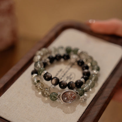 Double-wrap Bracelet｜"Gift of the Stars" Green Phantom & Silver Obsidian for Career & Protection