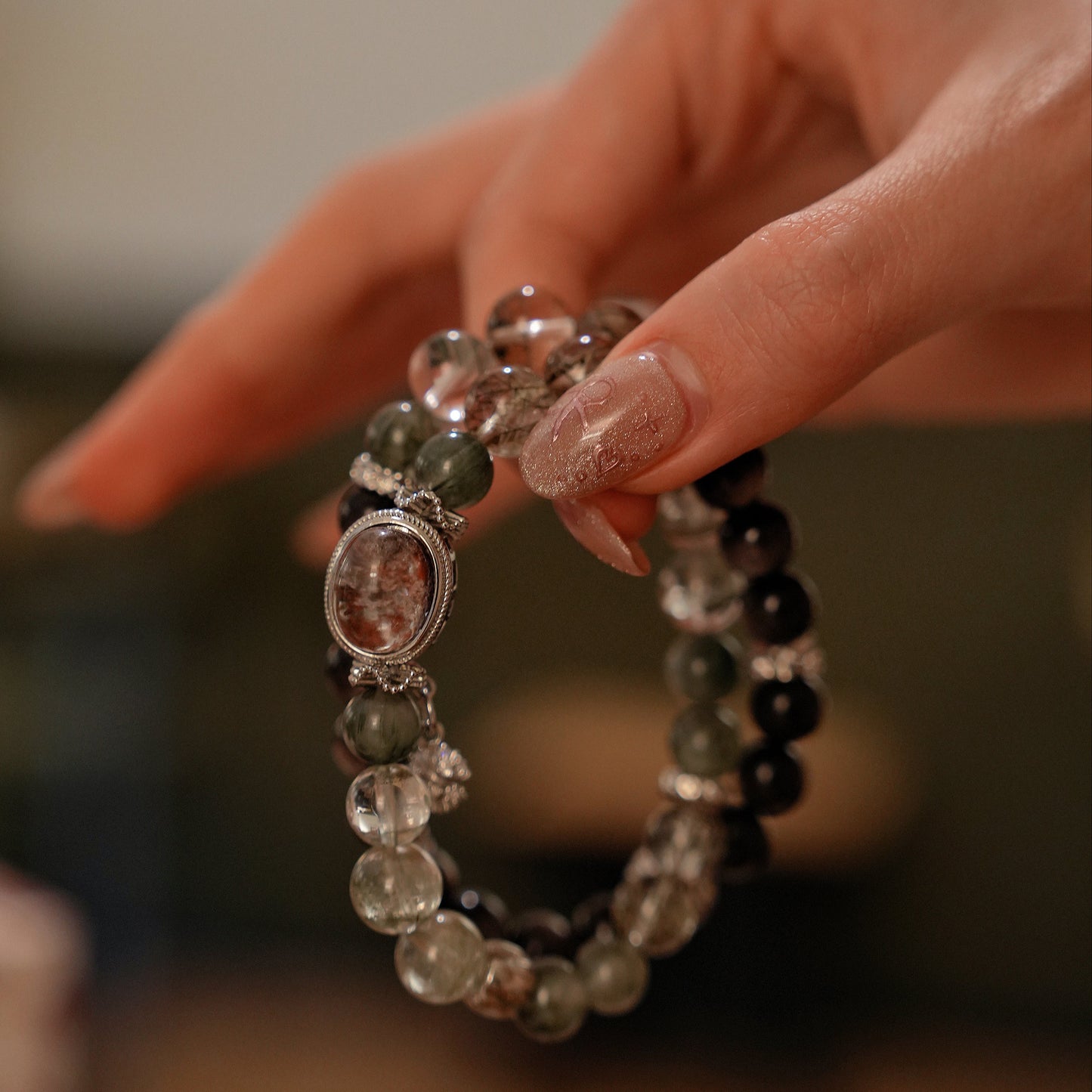 Double-wrap Bracelet｜"Gift of the Stars" Green Phantom & Silver Obsidian for Career & Protection