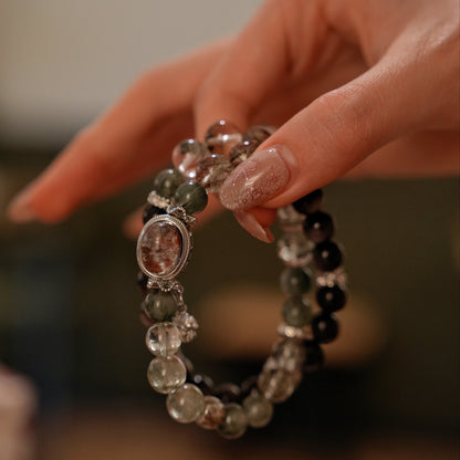 Double-wrap Bracelet｜"Gift of the Stars" Green Phantom & Silver Obsidian for Career & Protection