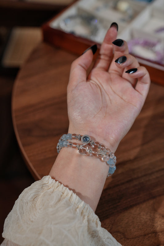 Double-wrap Bracelet｜"Glacial Coast" Aquamarine & Clear Quartz for Clarity & Communication
