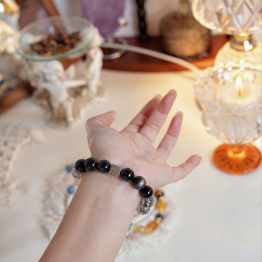 Bracelet｜"Black & White Muse" Black Obsidian & Auralite-23 for Protection & Purification