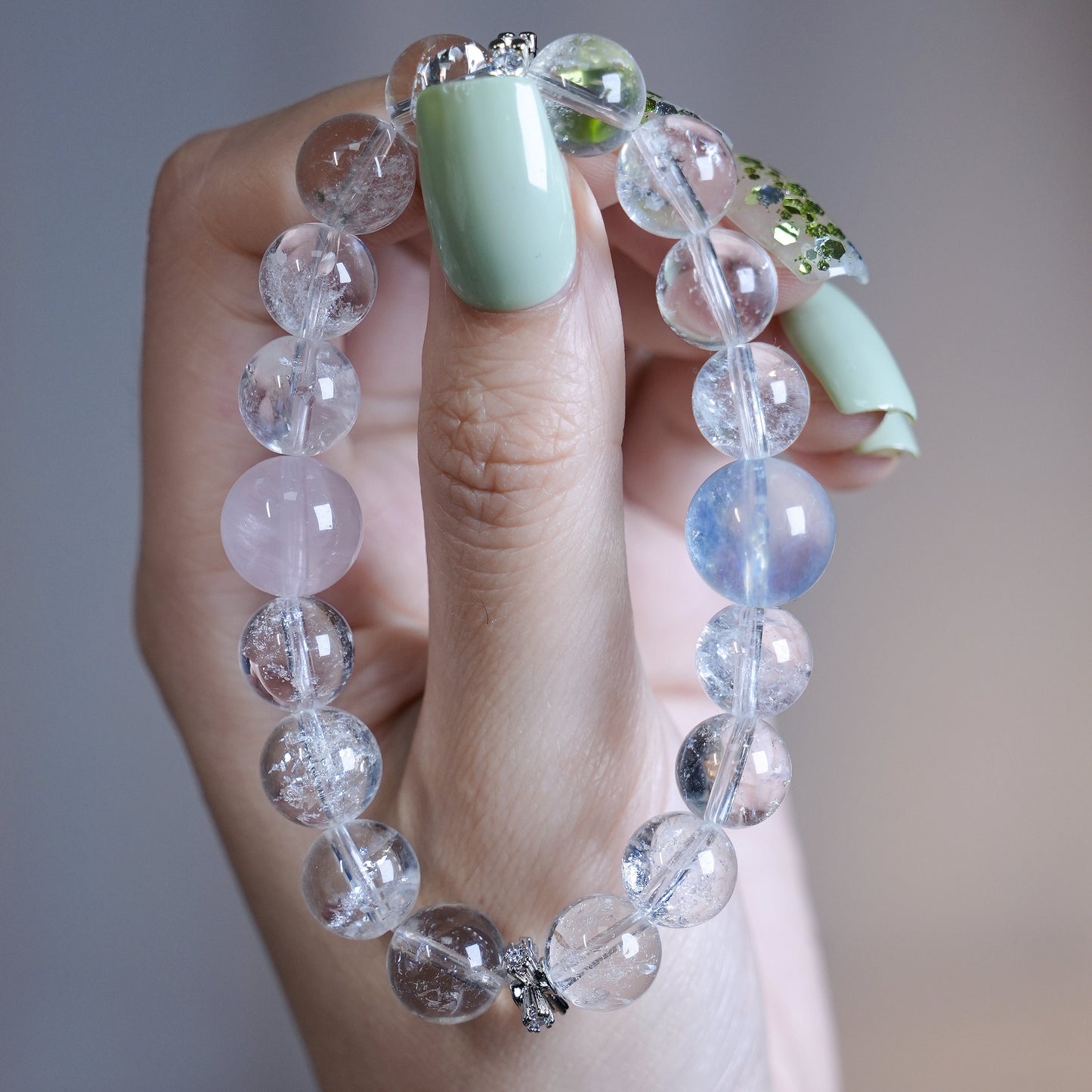 Bracelet｜"Pink Crabapple in Evening Mist" White Aura Quartz & Aquamarine for Purification & Communication