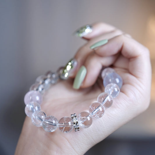 Bracelet｜"Pink Crabapple in Evening Mist" White Aura Quartz & Aquamarine for Purification & Communication