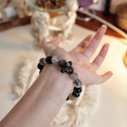 Bracelet｜"Smooth Sailing" Silver Obsidian & Moonstone for Protection & Flow