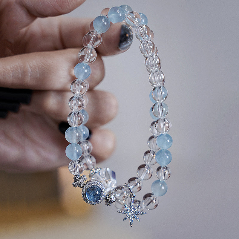Double-wrap Bracelet｜"Glacial Coast" Aquamarine & Clear Quartz for Clarity & Communication
