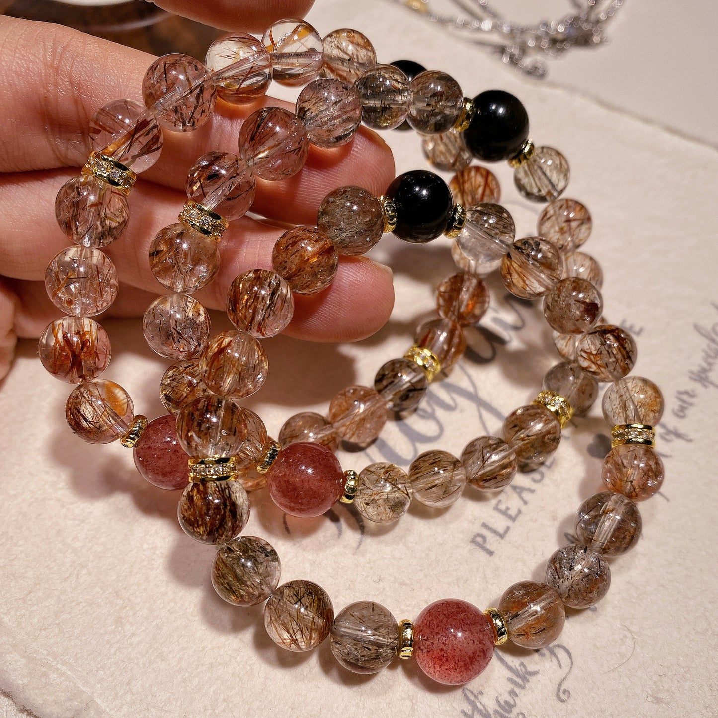 Bracelet｜"Black Gold Aura Flow" Super Seven & Strawberry Quartz for Protection & Luck