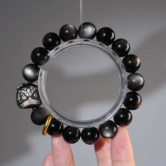 Bracelet｜"Silver Lion Guardian" Silver Sheen Obsidian & Meteorite for Guard & Wisdom