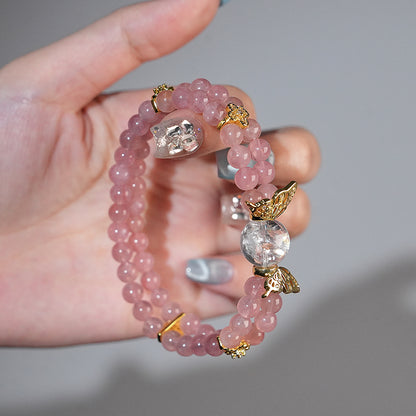 Double-wrap Bracelet｜"Sandalwood Pink Butterfly" Rose Quartz & White Aura Quartz for Love & Purify
