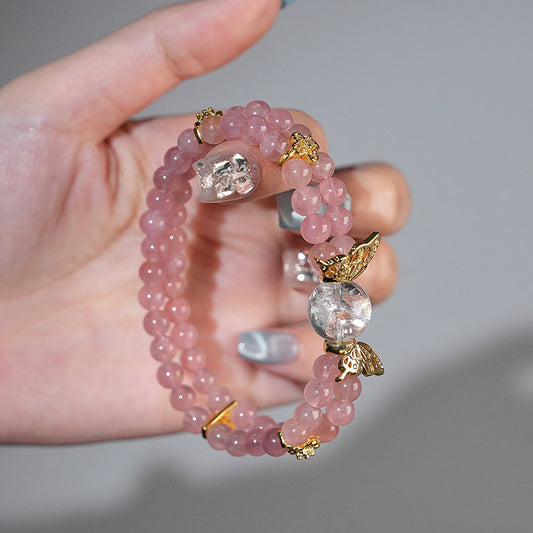 Double-wrap Bracelet｜"Sandalwood Pink Butterfly" Rose Quartz & White Aura Quartz for Love & Purify