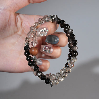 Double-wrap Bracelet｜"Clear Tea Brown Shadow" Silver Sheen Obsidian & Super Seven for Guard & Energy
