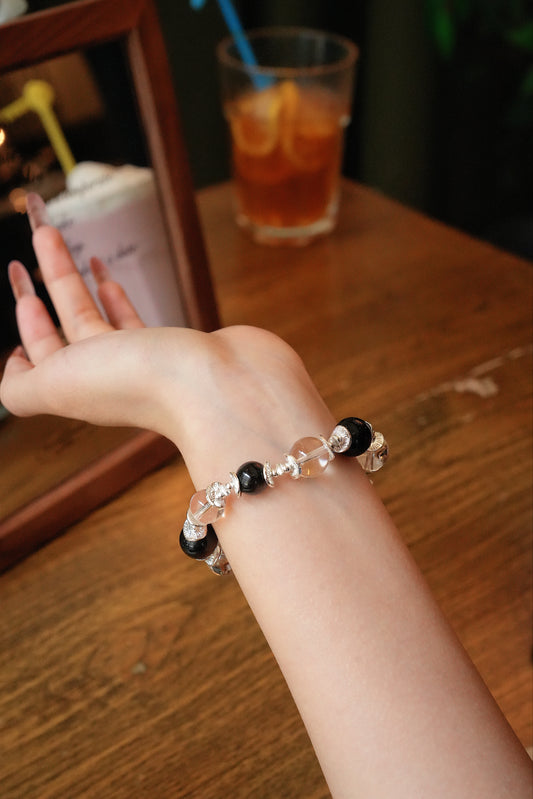 Bracelet｜"Hokkaido Snow Day" Clear Quartz & Silver Obsidian for Protection