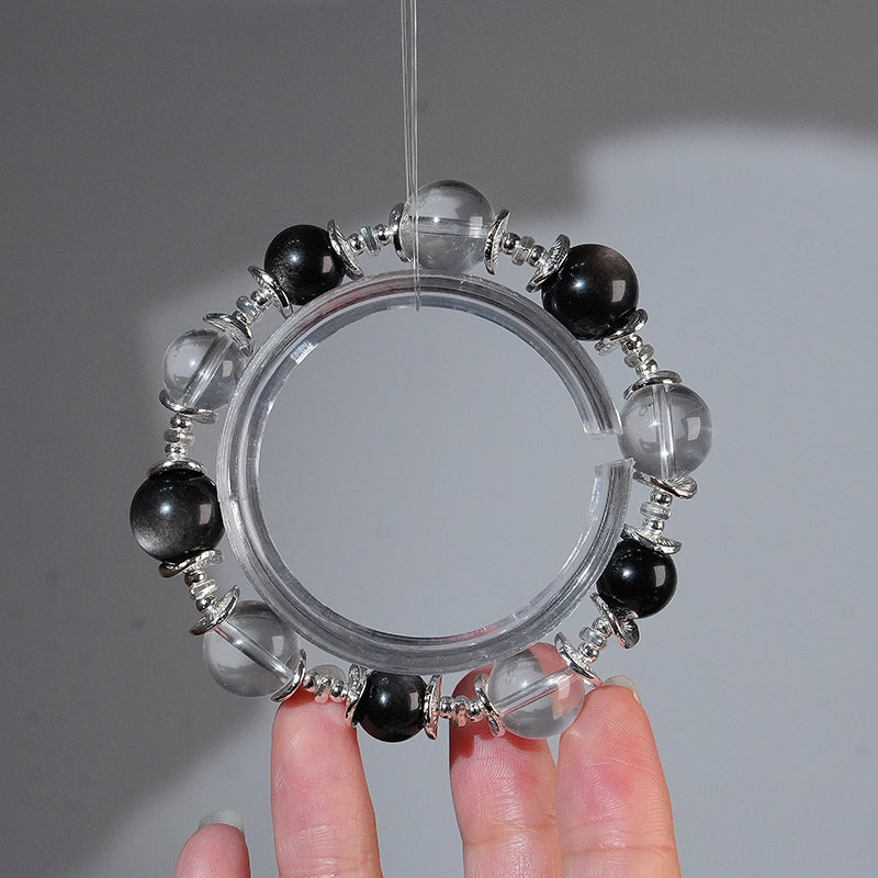 Bracelet｜"Hokkaido Snow Day" Clear Quartz & Silver Obsidian for Protection
