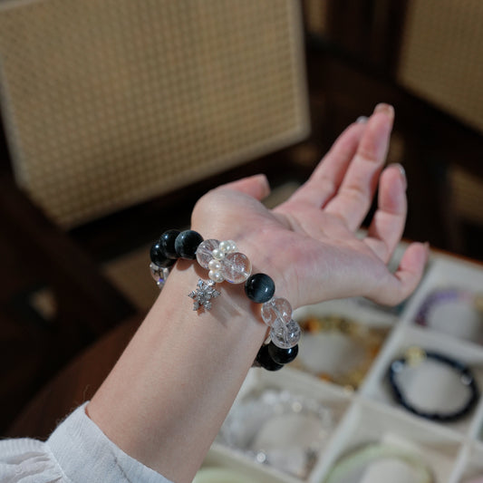 Bracelet｜"Snow Over Mountains" Hawk's Eye & Auralite-23 for Clarity & Protection