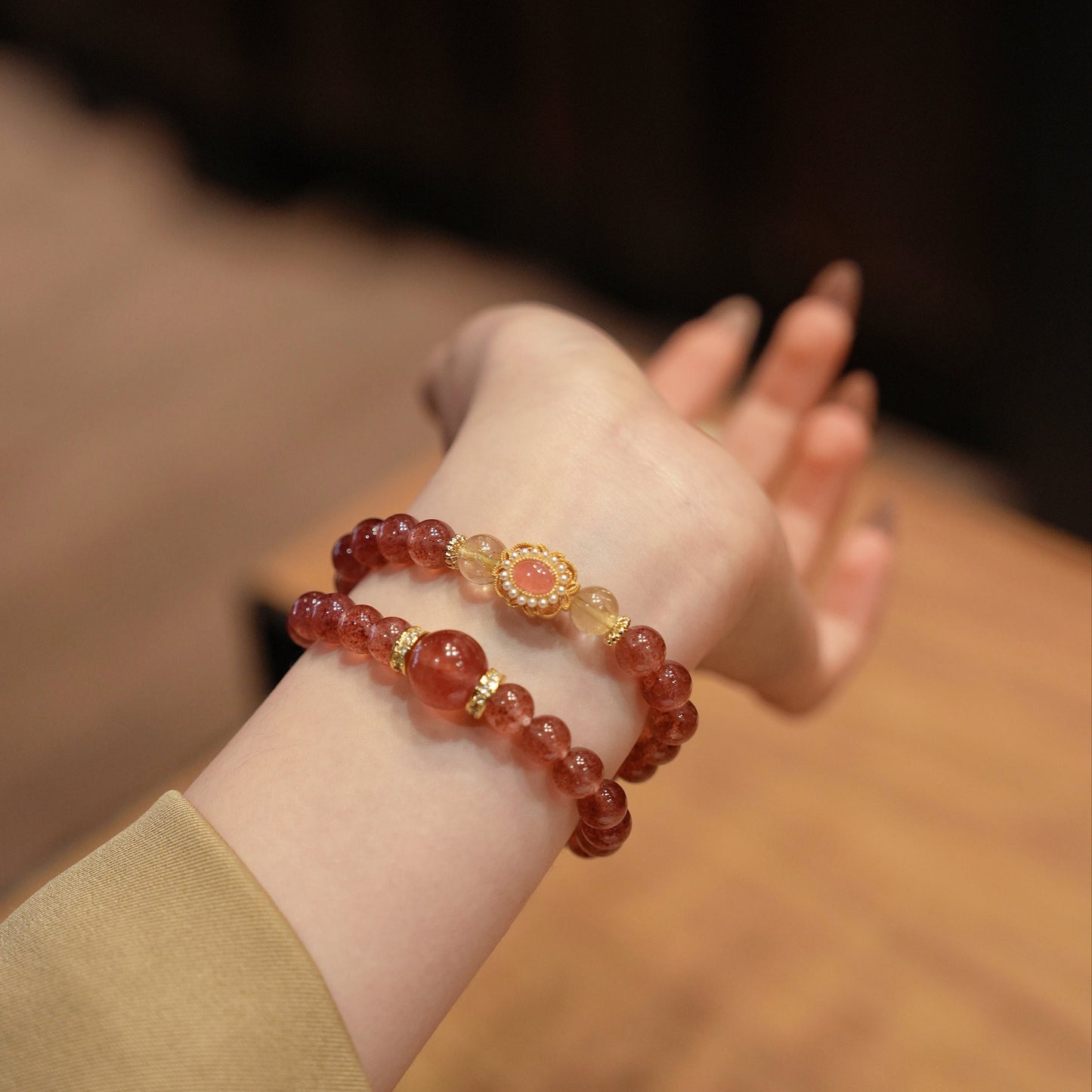 Double-wrap Bracelet｜"Blushing Charm" Strawberry Quartz & Citrine for Love & Wealth