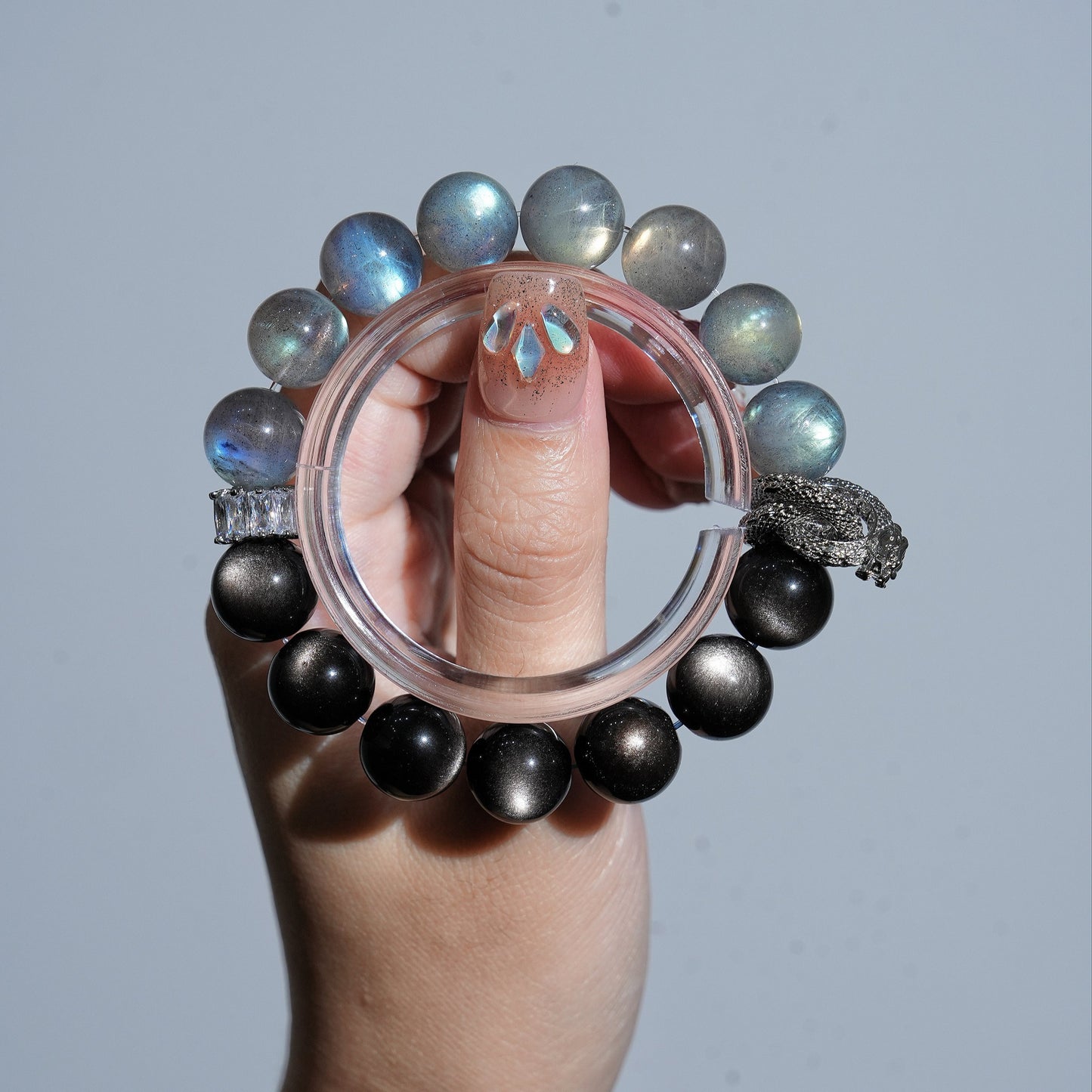 Bracelet｜"Half-Moon Shadow" Silver Obsidian & Gray Moonstone for Protection & Intuition