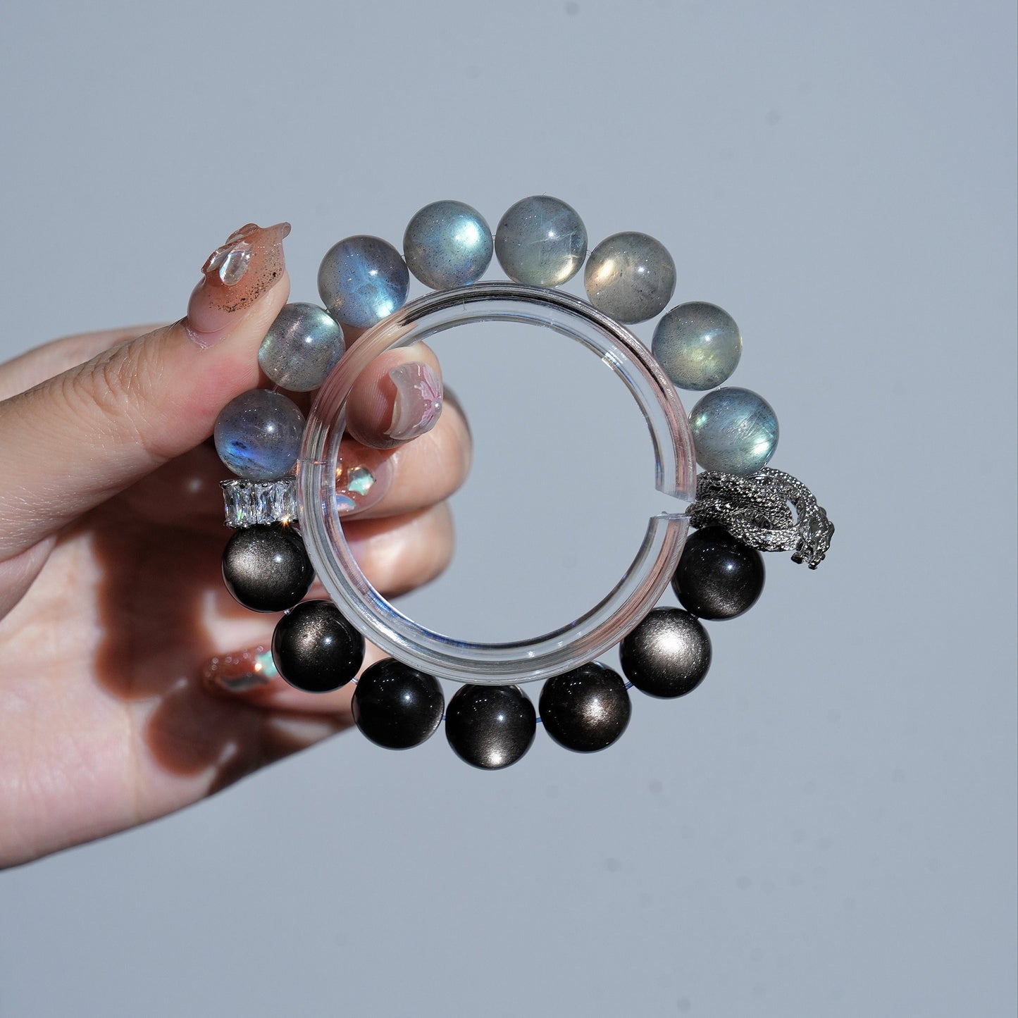 Bracelet｜"Half-Moon Shadow" Silver Obsidian & Gray Moonstone for Protection & Intuition