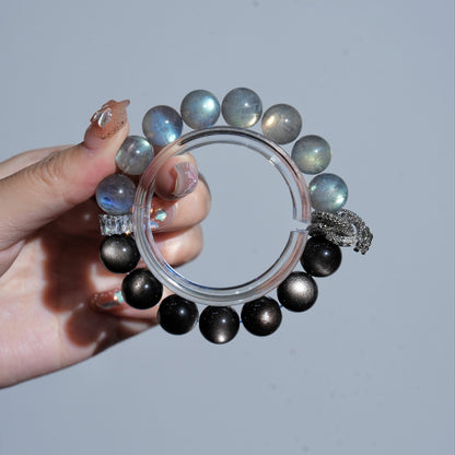 Bracelet｜"Half-Moon Shadow" Silver Obsidian & Gray Moonstone for Protection & Intuition