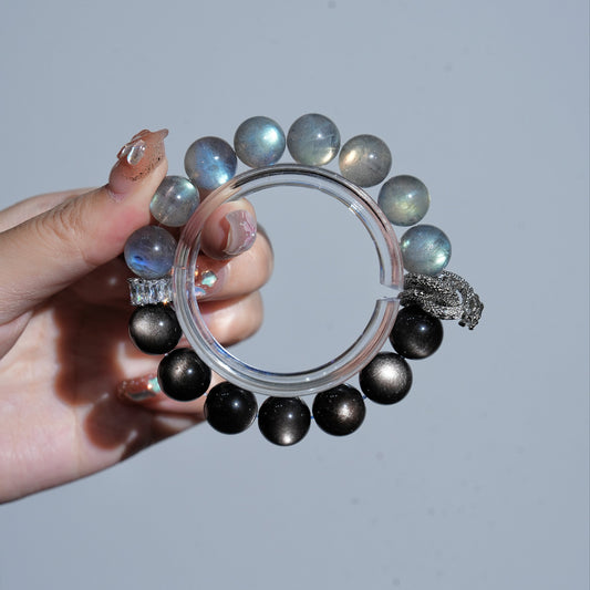 Bracelet｜"Half-Moon Shadow" Silver Obsidian & Gray Moonstone for Protection & Intuition