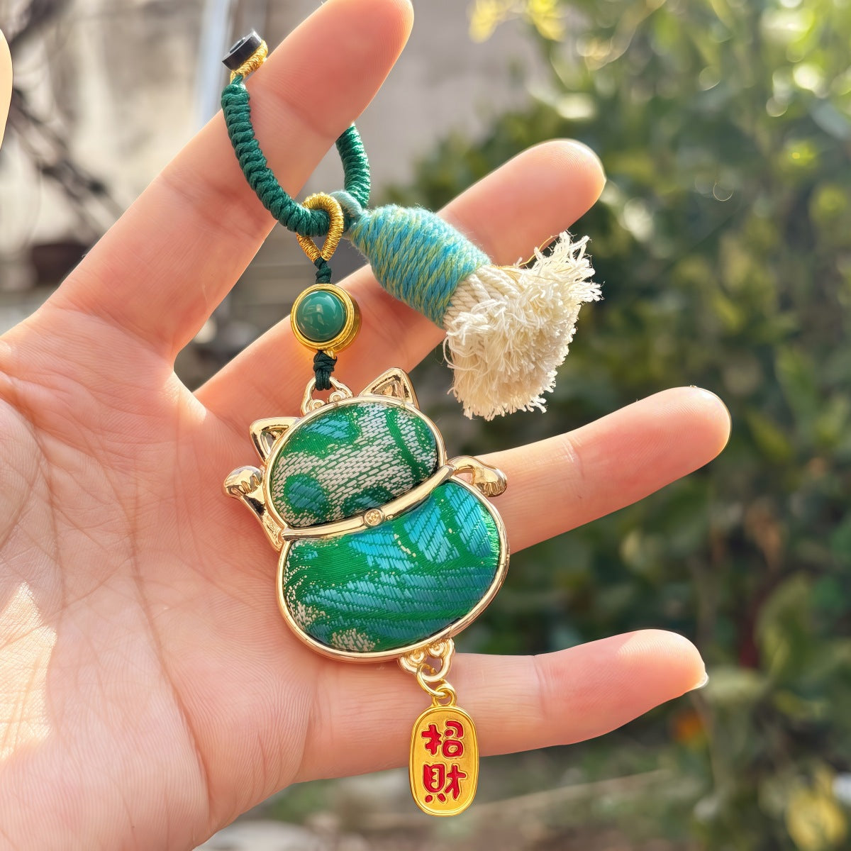 Double-Sided Lucky Cat Charm | Chinese Embroidery Song Jin Charm for Wealth & Good Fortune