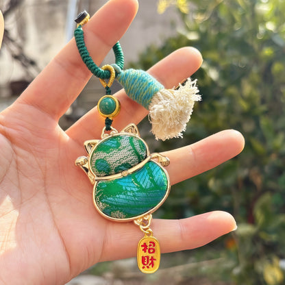 Double-Sided Lucky Cat Charm | Chinese Embroidery Song Jin Charm for Wealth & Good Fortune