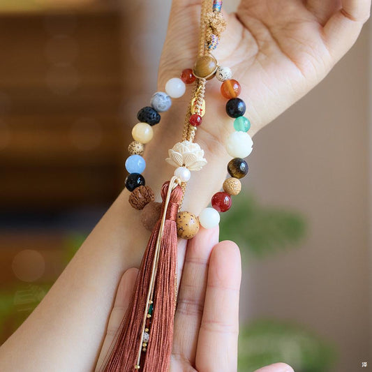 18-Seeds Multi-Gem Bodhi Car Charm | Natural Stone Mala for Protection & Blessings