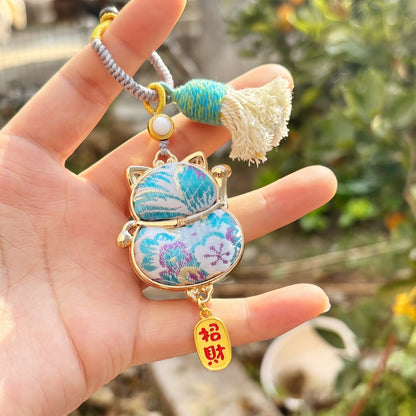 Double-Sided Lucky Cat Charm | Chinese Embroidery Song Jin Charm for Wealth & Good Fortune