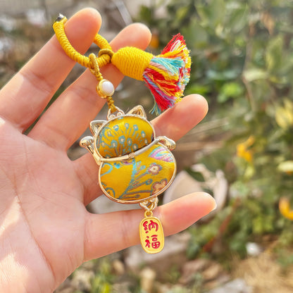 Double-Sided Lucky Cat Charm | Chinese Embroidery Song Jin Charm for Wealth & Good Fortune