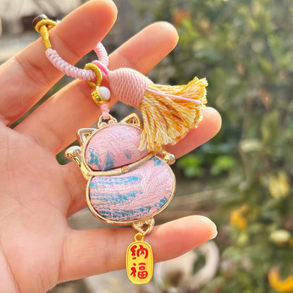 Double-Sided Lucky Cat Charm | Chinese Embroidery Song Jin Charm for Wealth & Good Fortune