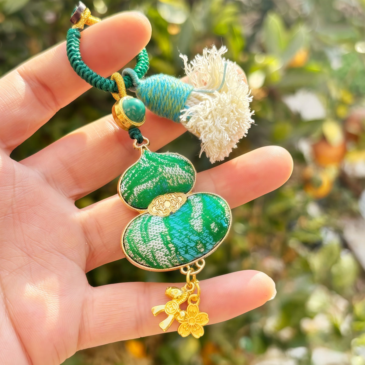 Double-Sided Gourd Charm | Chinese Embroidery Song Jin Talisman for Fortune