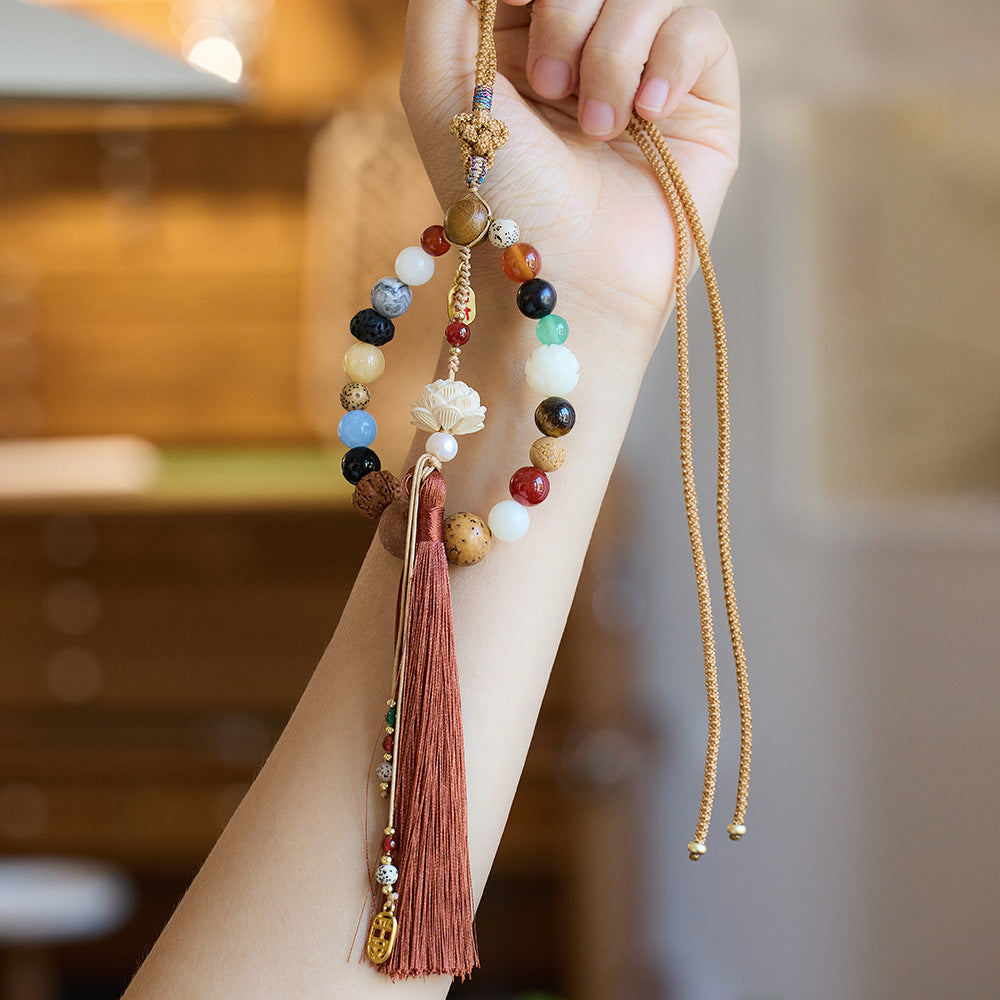 18-Seeds Multi-Gem Bodhi Car Charm | Natural Stone Mala for Protection & Blessings