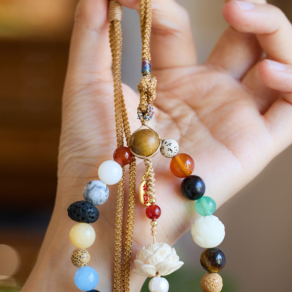 18-Seeds Multi-Gem Bodhi Car Charm | Natural Stone Mala for Protection & Blessings