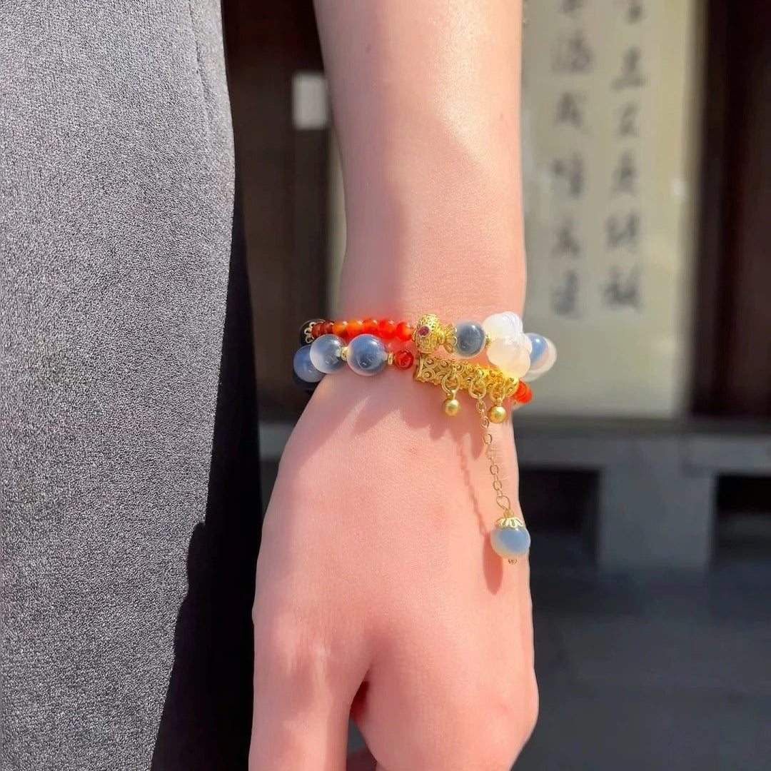 Gold-Plated 925 Silver｜Peach Blossom & Agate Stacking Bracelet