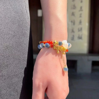 Gold-Plated 925 Silver｜Peach Blossom & Agate Stacking Bracelet
