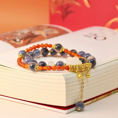 Gold-Plated 925 Silver｜Peach Blossom & Agate Stacking Bracelet