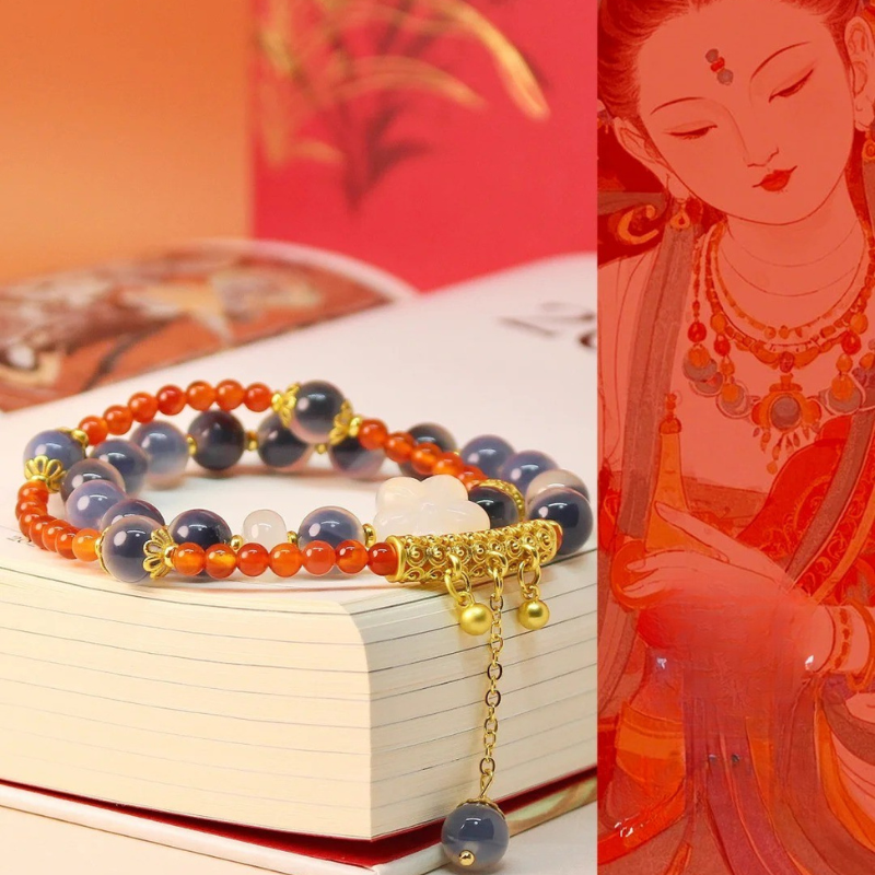 Gold-Plated 925 Silver｜Peach Blossom & Agate Stacking Bracelet