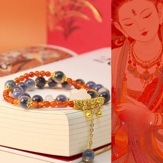 Gold-Plated 925 Silver｜Peach Blossom & Agate Stacking Bracelet