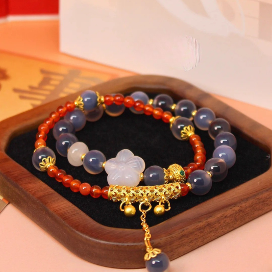 Gold-Plated 925 Silver｜Peach Blossom & Agate Stacking Bracelet