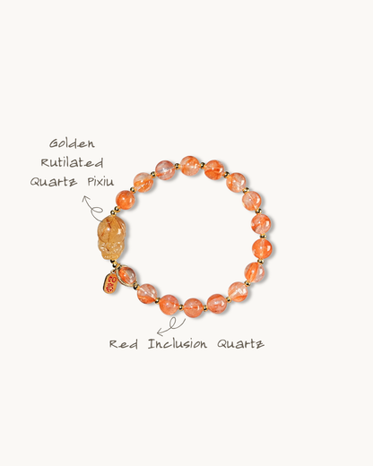 Maple Syrup Agate, Red Inclusion Quartz & Pixiu Bracelet for Wealth & Luck