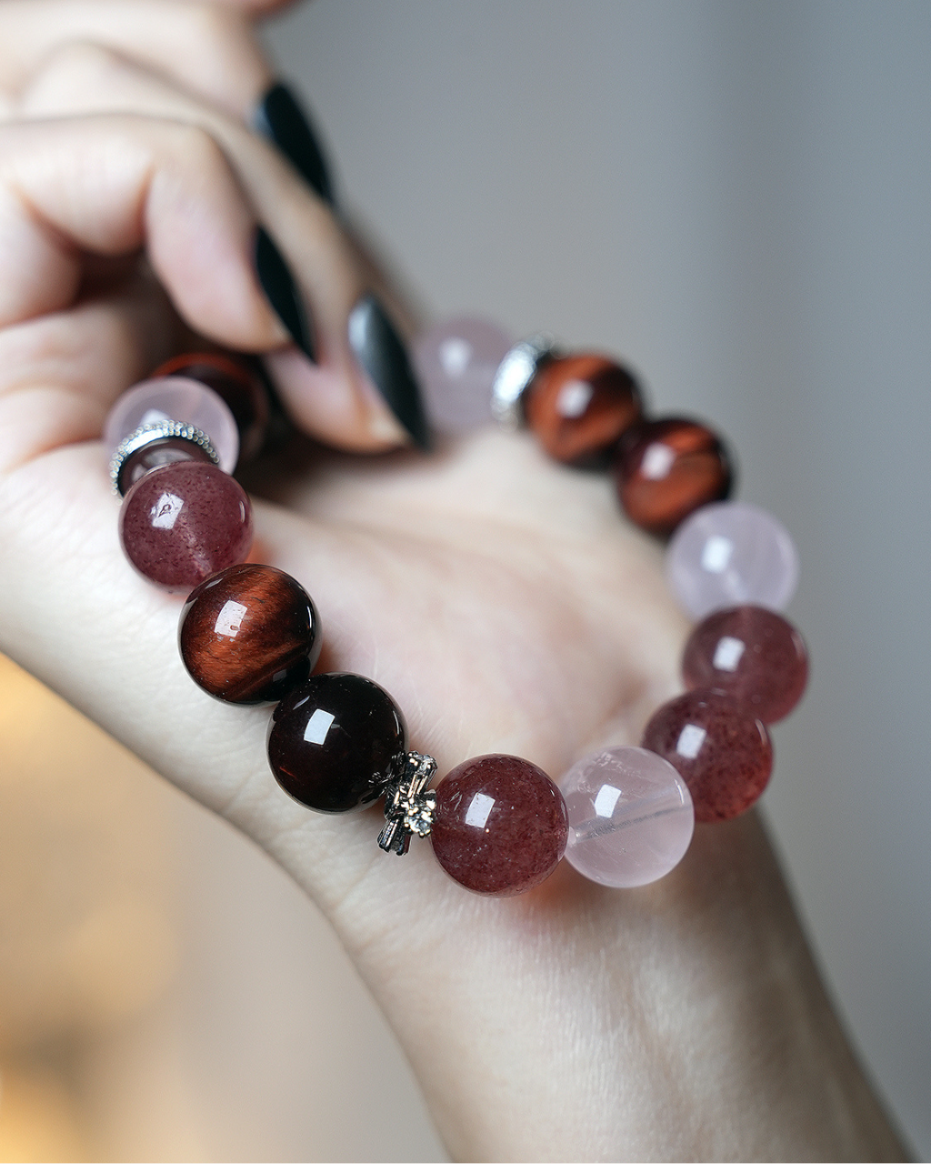 Apricot Blossom Grace, Red Tiger's Eye & Strawberry Quartz Bracelet for Passion