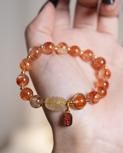Maple Syrup Agate, Red Inclusion Quartz & Pixiu Bracelet for Wealth & Luck