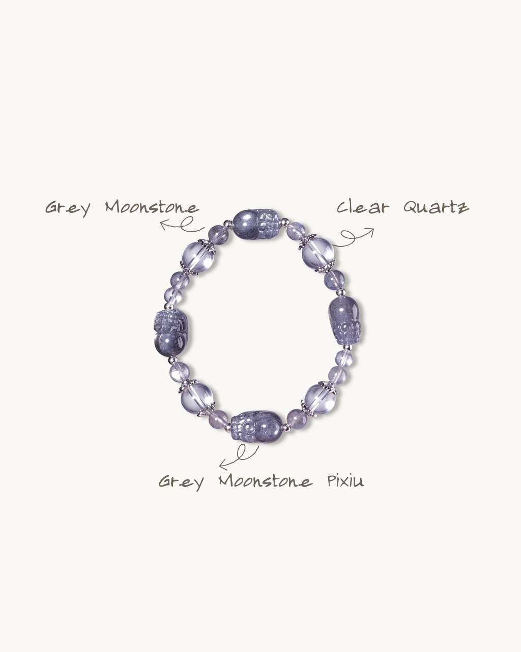 Four-Way Fortune, Moonstone Pixiu & Clear Quartz Bracelet, Attract Wealth