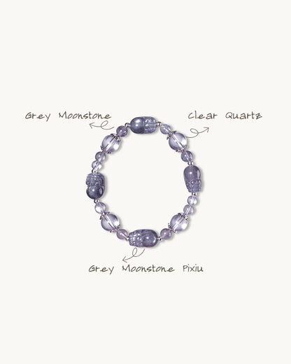 Four-Way Fortune, Moonstone Pixiu & Clear Quartz Bracelet, Attract Wealth
