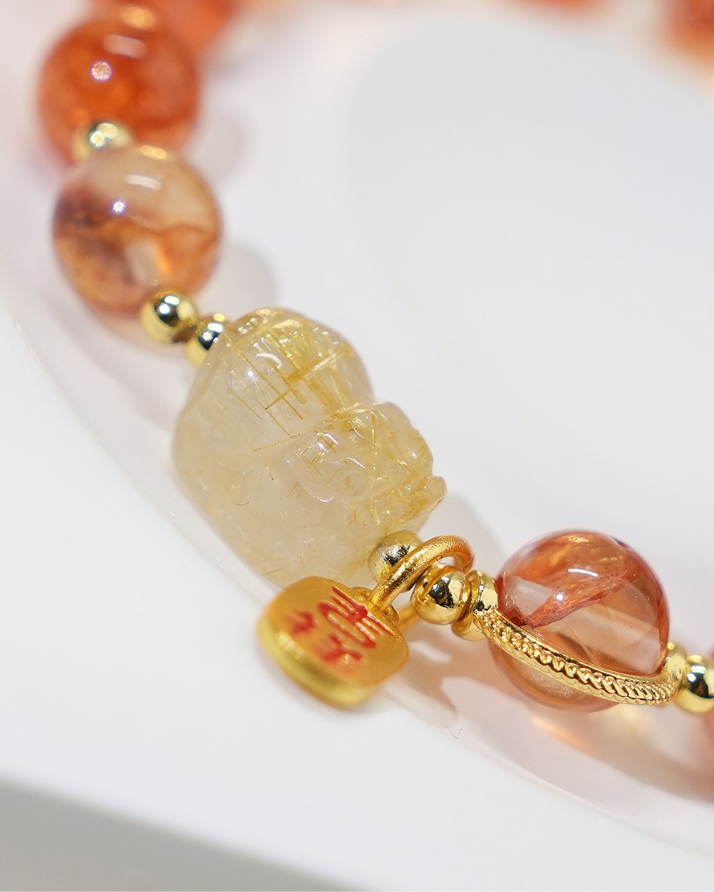 Maple Syrup Agate, Red Inclusion Quartz & Pixiu Bracelet for Wealth & Luck