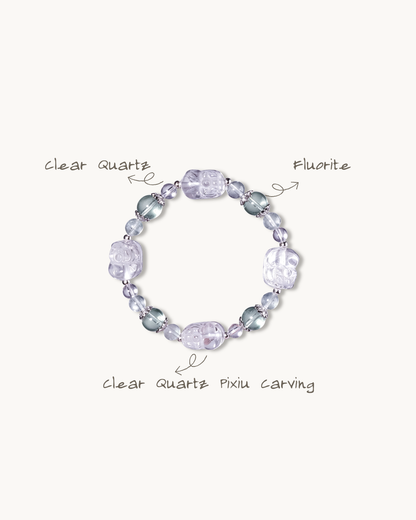 Fortune Compass, Fluorite & Clear Quartz Pixiu Bracelet, Attract Wealth